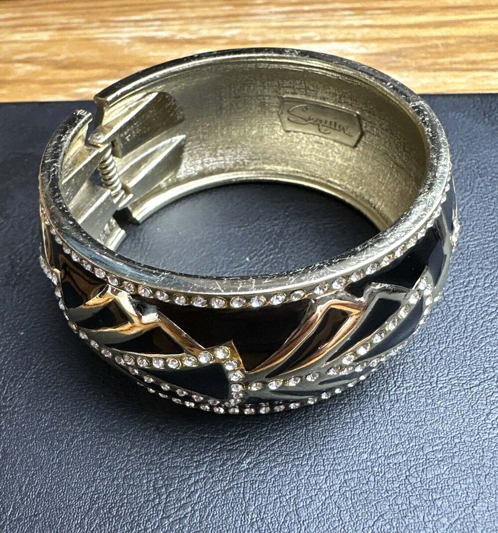 Sequin Nordstrom Black Gold Tone Statement Enamel Bangle Hinge $68 NWOT #118